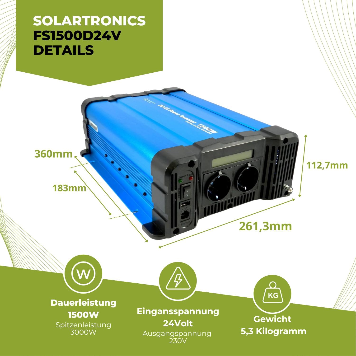 Solartronics Convertidor de Voltaje FS1500D 24V 1500/3000 Vatios Reiner Sinus Azul con Pantalla FS Serie Inversor Inversor