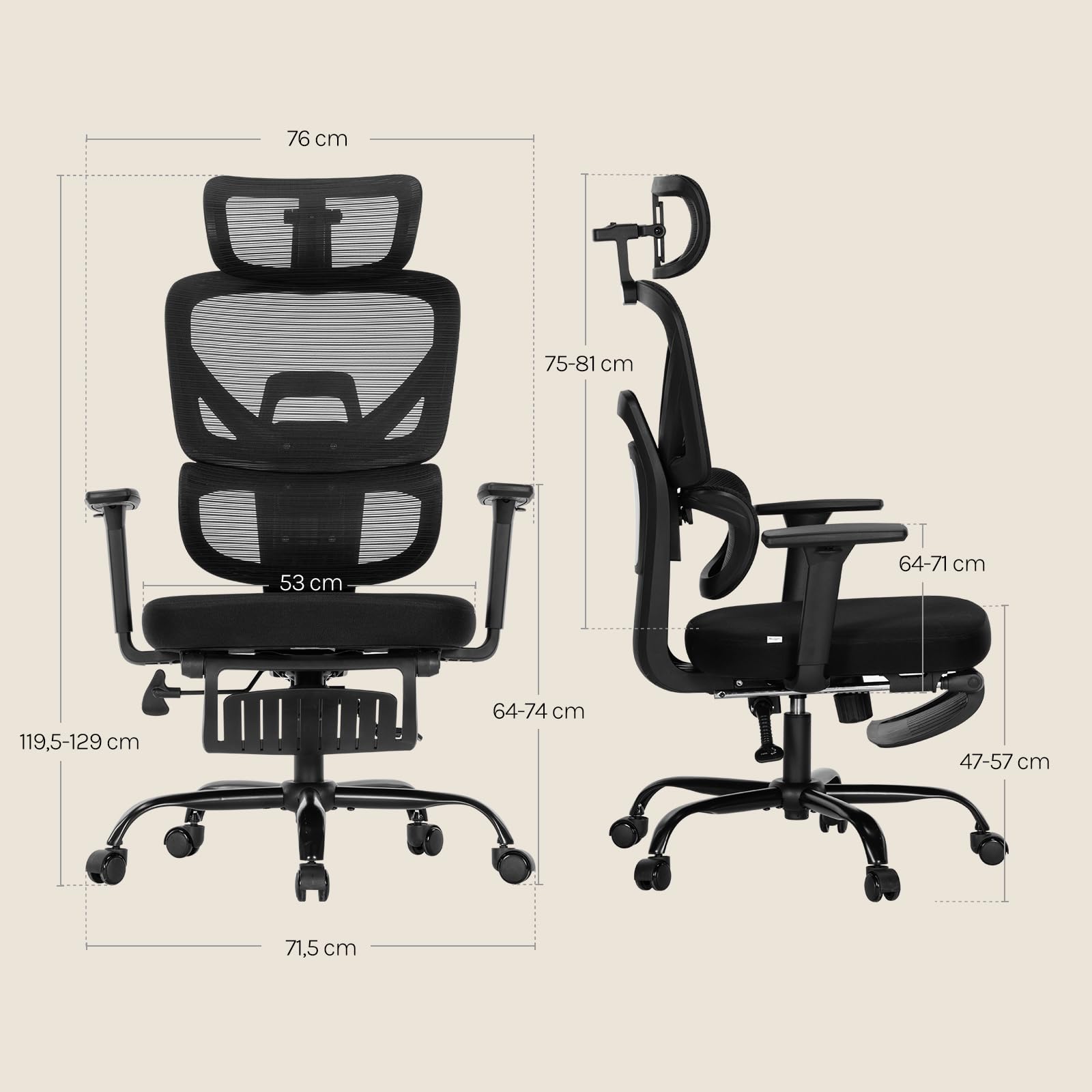 WOLTU Silla de Oficina Ergonómica con Soporte Lumbar y Reposapiés, Negro | Asiento Mullido, Respaldo de Malla Elástica, Reposabrazos Ajustables 3D, Para Estudio u Oficina, Soporte Lumbar y Reposapiés