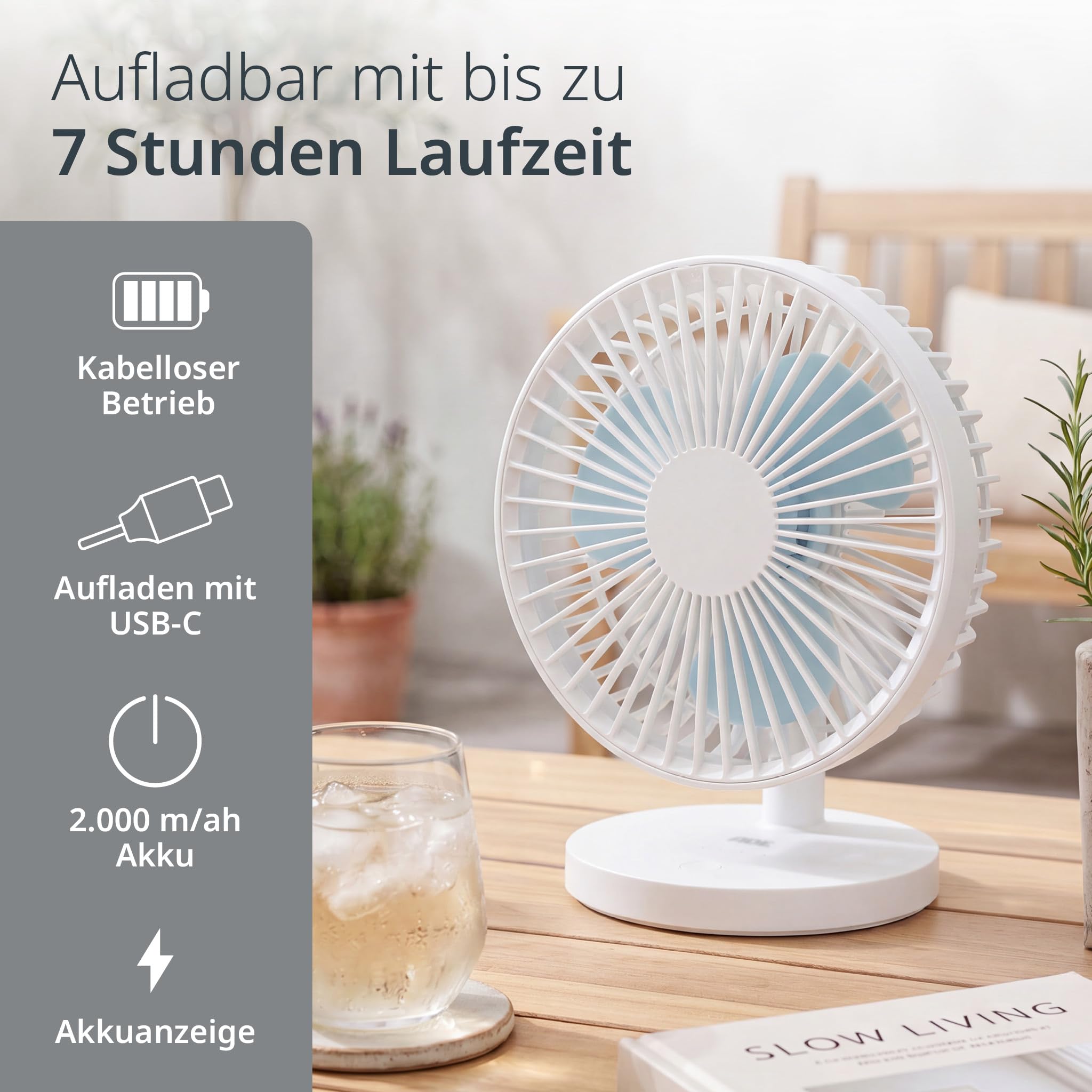 ADE Tischventilator USB 3 Stufen Akku 7,5 h 2000 mAh 90° Neigung weiß