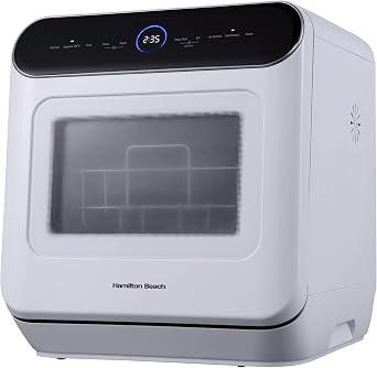 Hamilton Beach Portable Countertop Dishwasher No Hookup Unit with 6-Liter Water Bank for Tabletop, Apartment, or RV, Compact Dishwashing and Drying Machine, Delay Timer, Rapid Cleaning