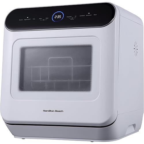 Hamilton Beach Portable Countertop Dishwasher No Hookup Unit with 6-Liter Water Bank for Tabletop, Apartment, or RV, Compact Dishwashing and Drying Machine, Delay Timer, Rapid Cleaning