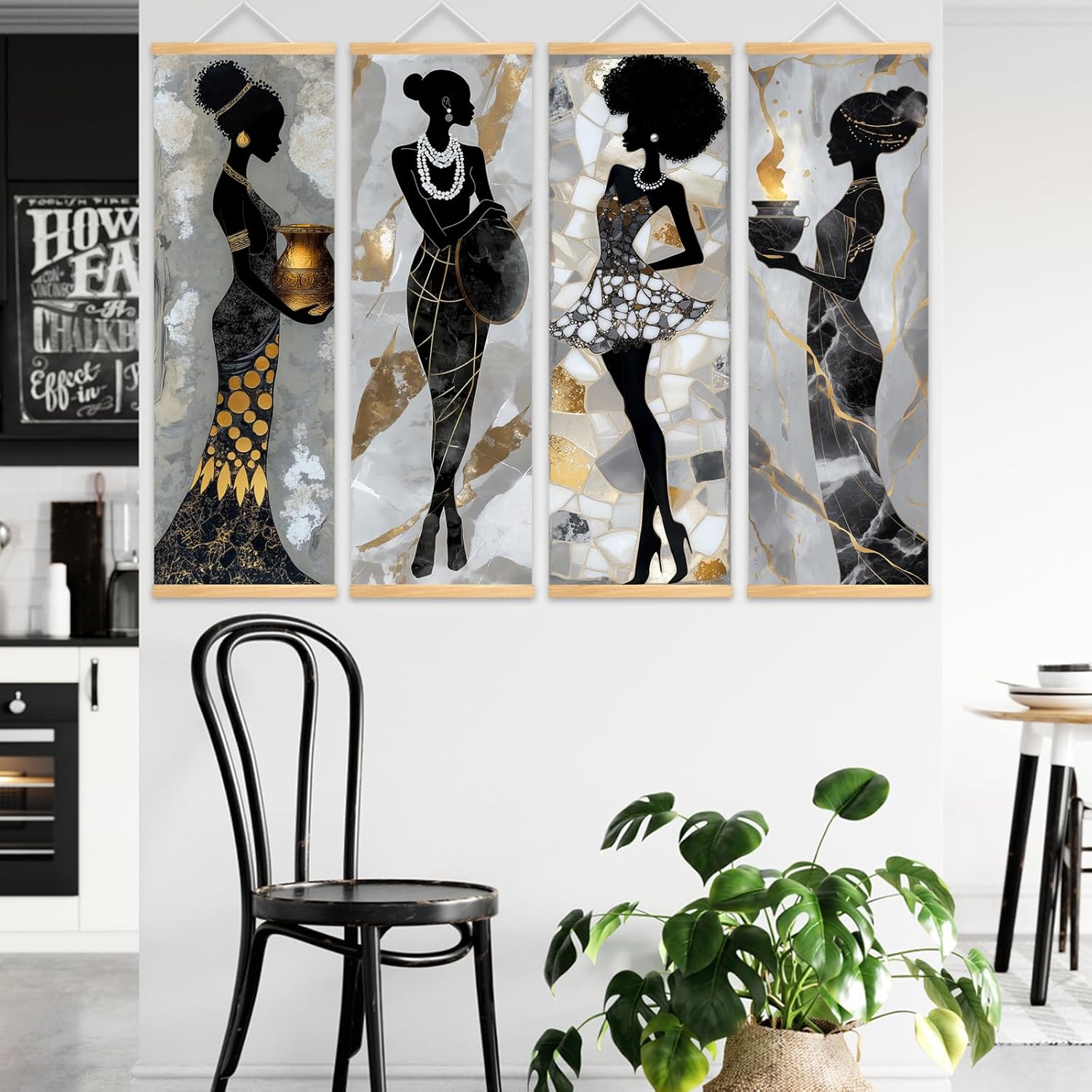 Pennimor Black and Gold African American Women Canvas Wall Art – 4Pcs Afrocentric Black Queen Wall Decor, Modern Black and Gold Wall Paintings for Living Room Bedroom, 11.81×35.43in Scroll Posters