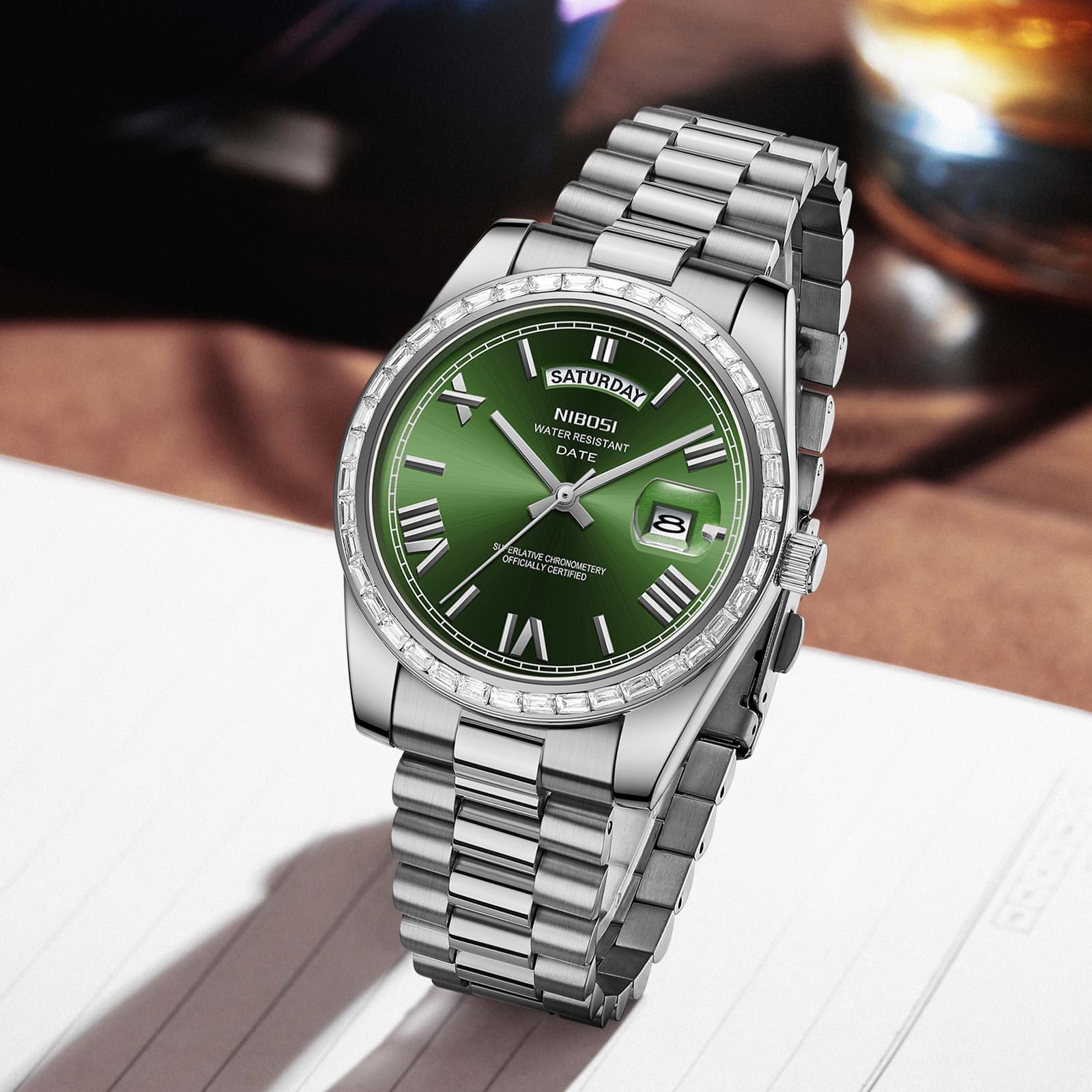 NIBOSI Orologi da uomo analogico al quarzo lunetta con diamanti quadrante in acciaio inossidabile oro rosa argento orologi da uomo impermeabili Business Classic Dress orologio da polso con giorno data