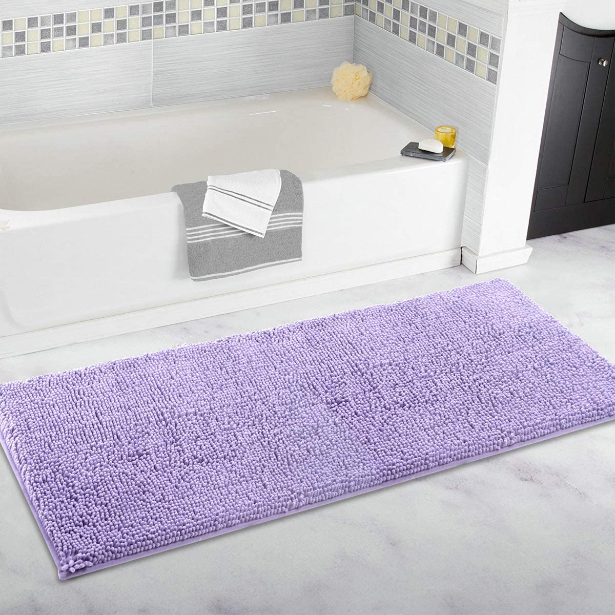 ITSOFT Plush Microfiber Long Runner - Non Slip Soft Bathroom Rug, Absorbent Machine Washable Chenille Bath Mat | Quick Dry Carpet, Great for Bath, Shower, Bedroom, or Door Mat (Lavender, 47x21)