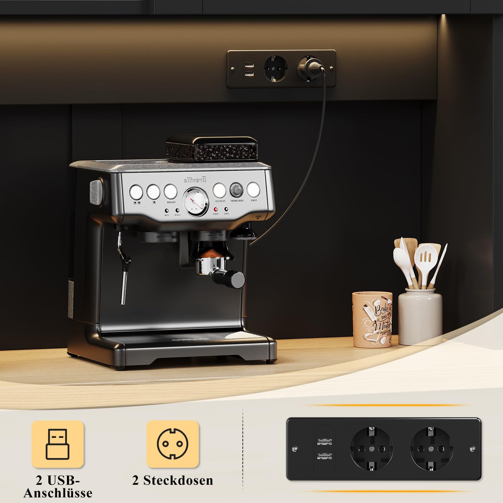 JUMMICO Buffetschrank, 100 x 40 x 182(H) cm, Küchenschrank mit 2 Steckdosen und LED Streifen 3000K, Küchenbuffet mit verstellbaren Einlegeboden und Arbeitsplatte 24 mm, Schwarz