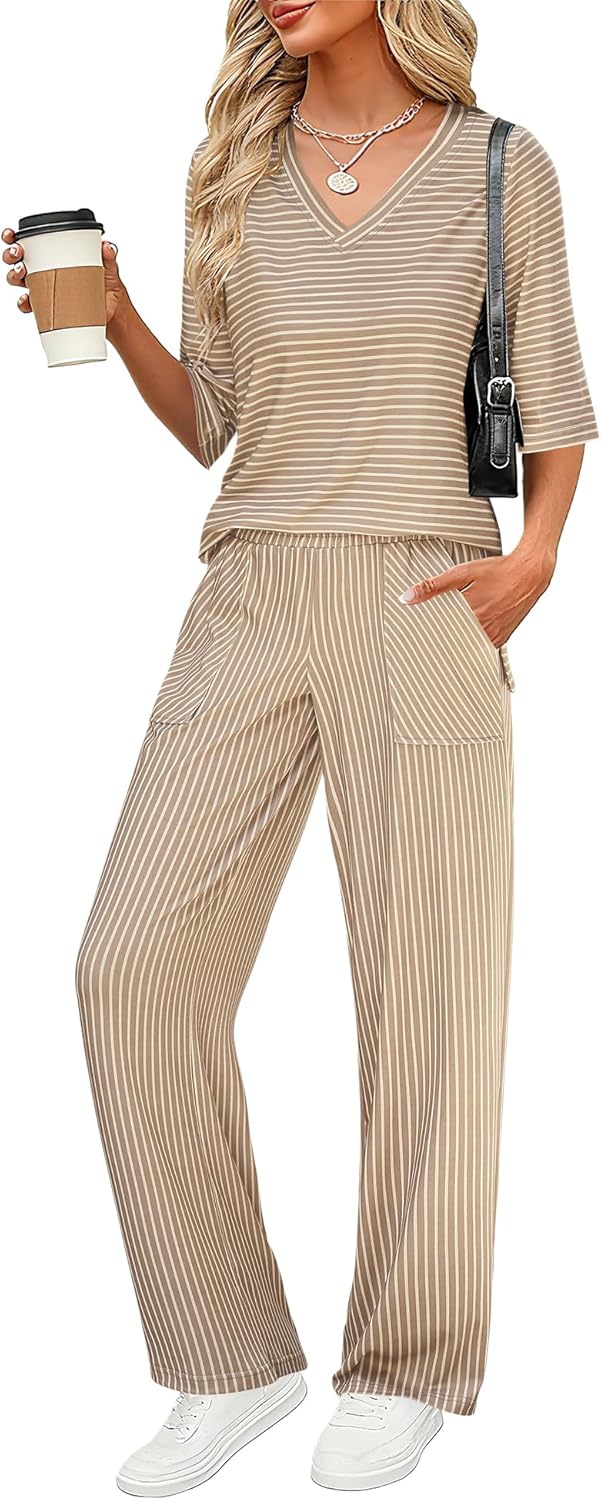 Two piece lounge pajama set for women; soft, casual outfit.