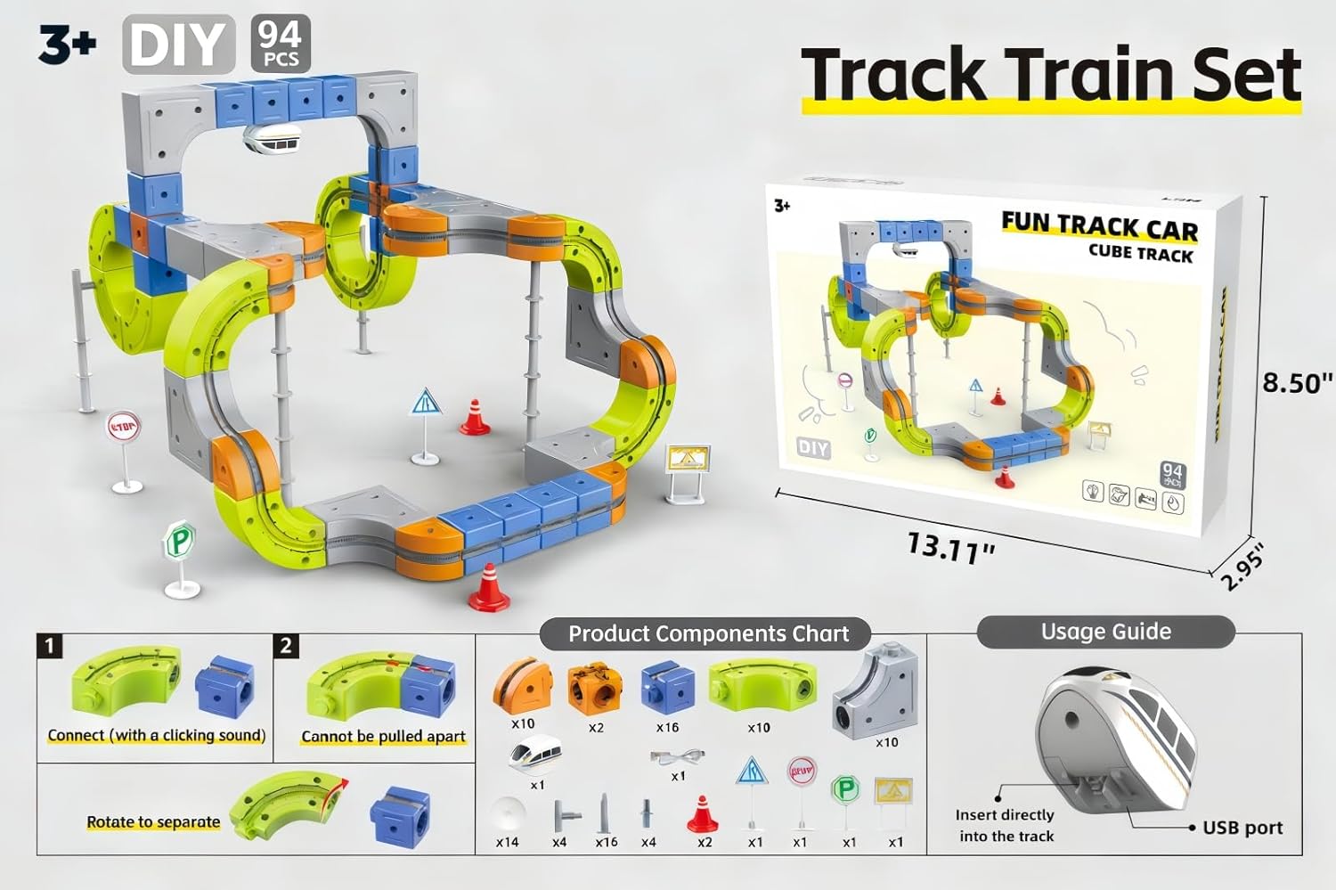 94PCS Electric Train Set, Flexible Track Fusion Train Set, DIY Train Track Building Kits with Train and Traffic Signs, for 4-10 Year Old Boys Girls Birthday Party Gifts