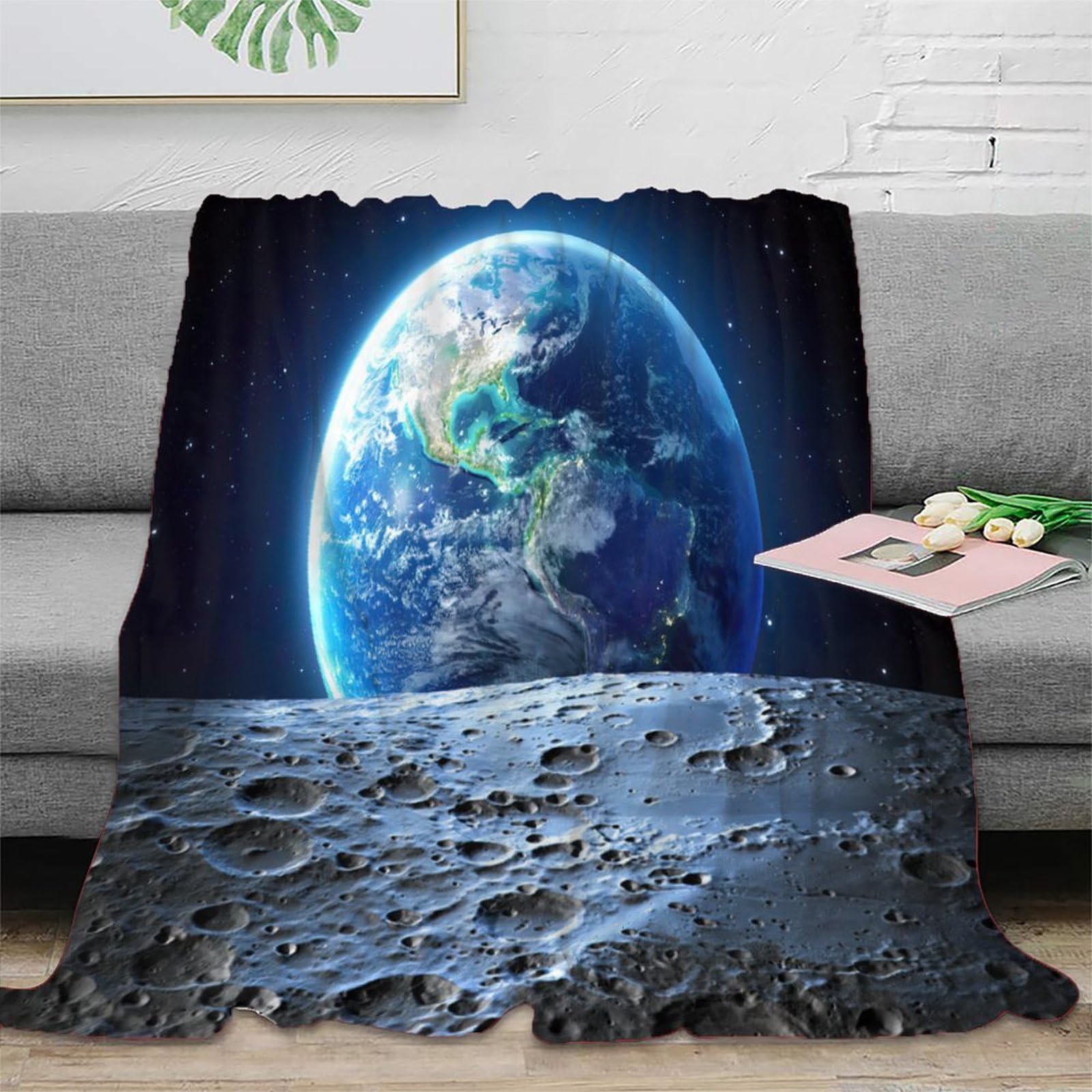 Couverture motif Espace Earth from Moon, jeté de canapé en microfibre premium