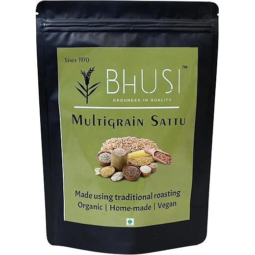 Bhusi Multigrain Sattu | Natural Roasted Chana, Barley, Rice, Wheat, Chickpeas, Corn, Tur and Masoor dal Flour | Rich in Protein & Fiber | 450g Pack | 100% Fresh, Natural, Home-made Flour | Cooler, Refresher and Instant Energy Booster | Traditionally sand