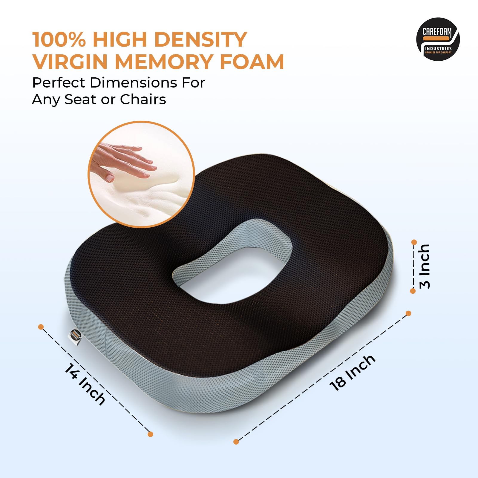 CareFoam Memory Foam Donut Pillow for Tailbone Pain-Coccyx Seat Cushion for Chair-Hemorrhoid & Piles Pillow | Orthopedic Coccyx Ring Pillow | 18 x 14 x 3 Inch | Premium Mesh Washable Outer Cover - Image 3 thumbnail