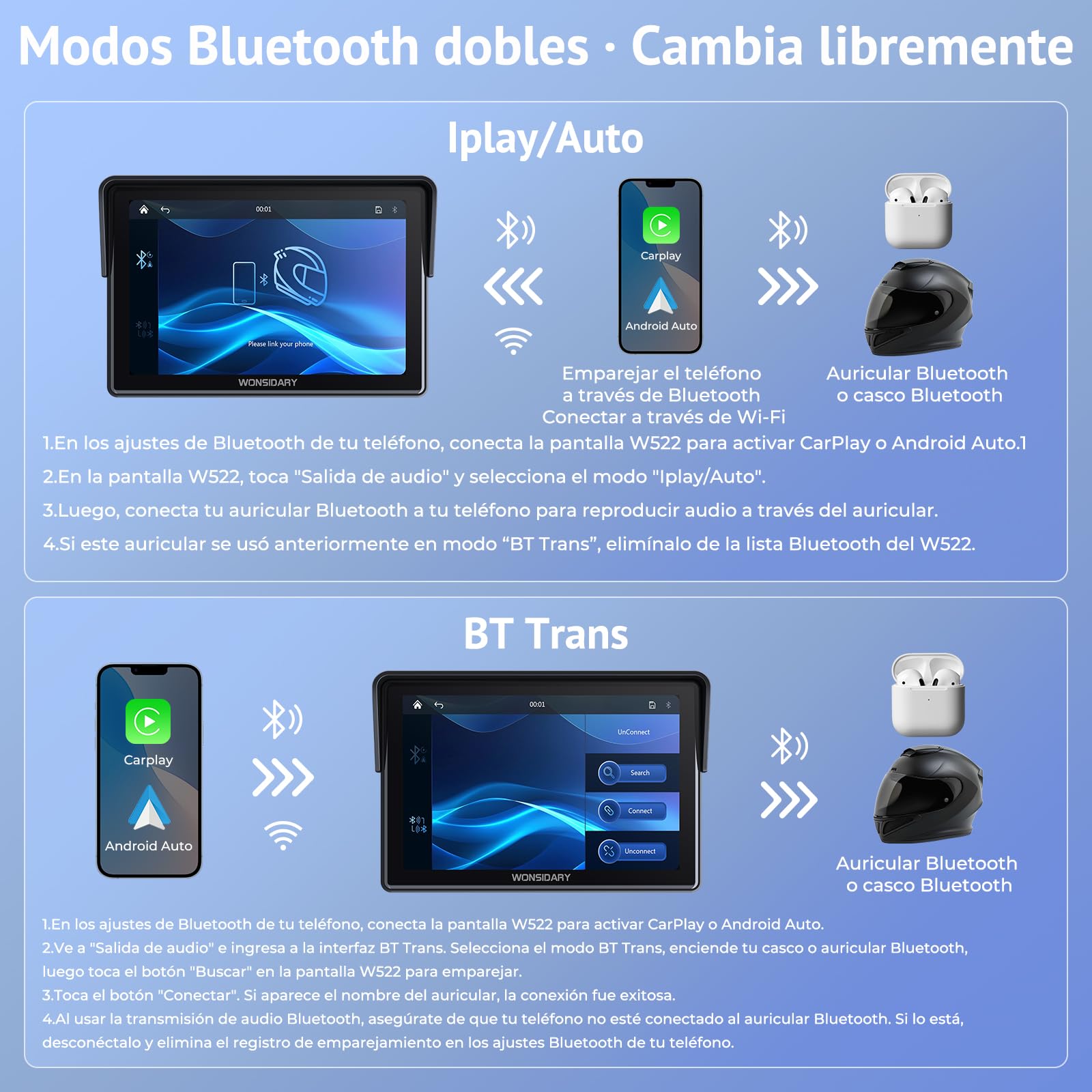 Pantalla CarPlay Moto Inalámbrica Compatible con Apple CarPlay & Android Auto,W522 Pantalla Táctil 5" IP67 Impermeable,Doble Bluetooth, Navegación GPS,Control por Voz,Ecualizador,Alimentación USB/Acc
