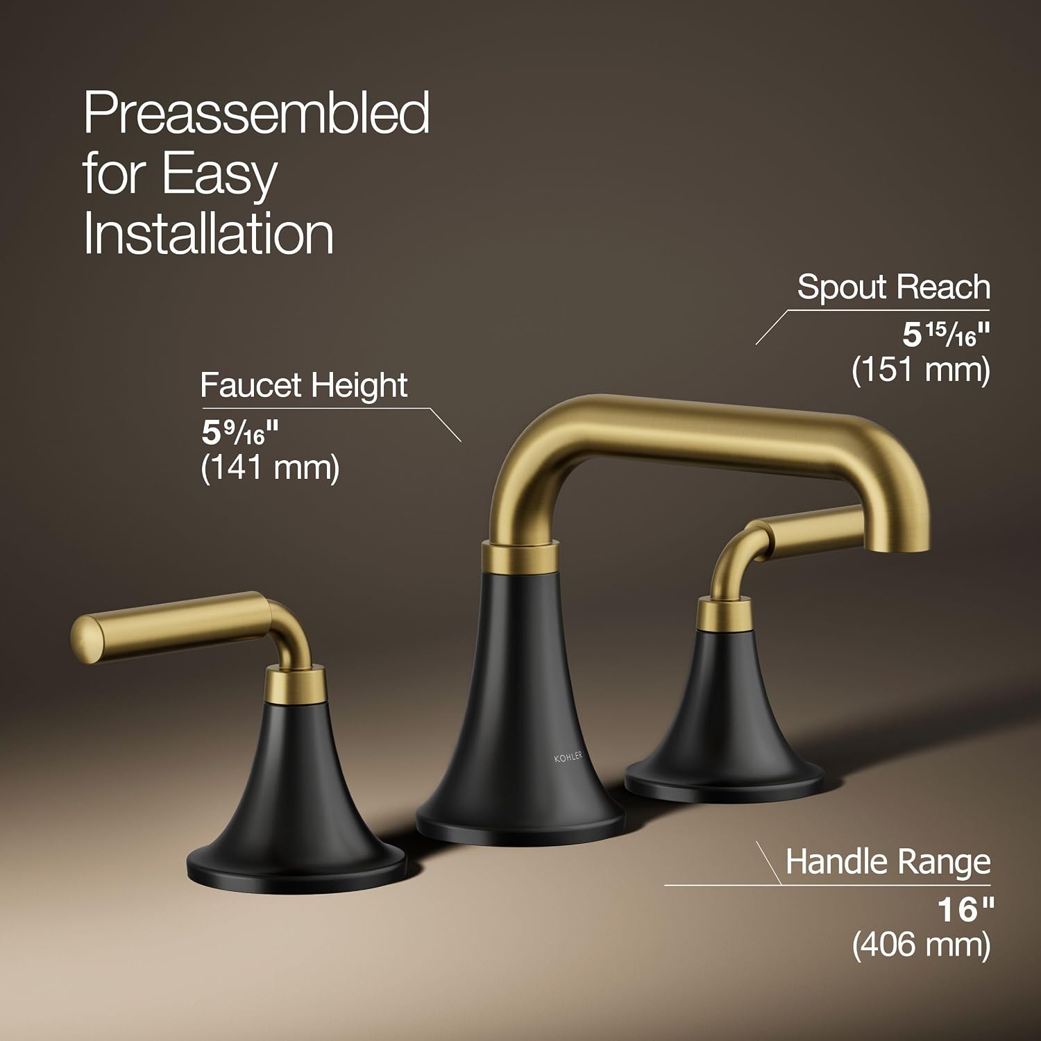 KOHLER K-27416-4-BMB Tone™ Widespread Bathroom Sink Faucet, 3-Hole, Widespread Bathroom Faucets with Two Lever Handles and Clicker Drain, 1.2 GPM, Matte Black with Brushed Moderne Brass