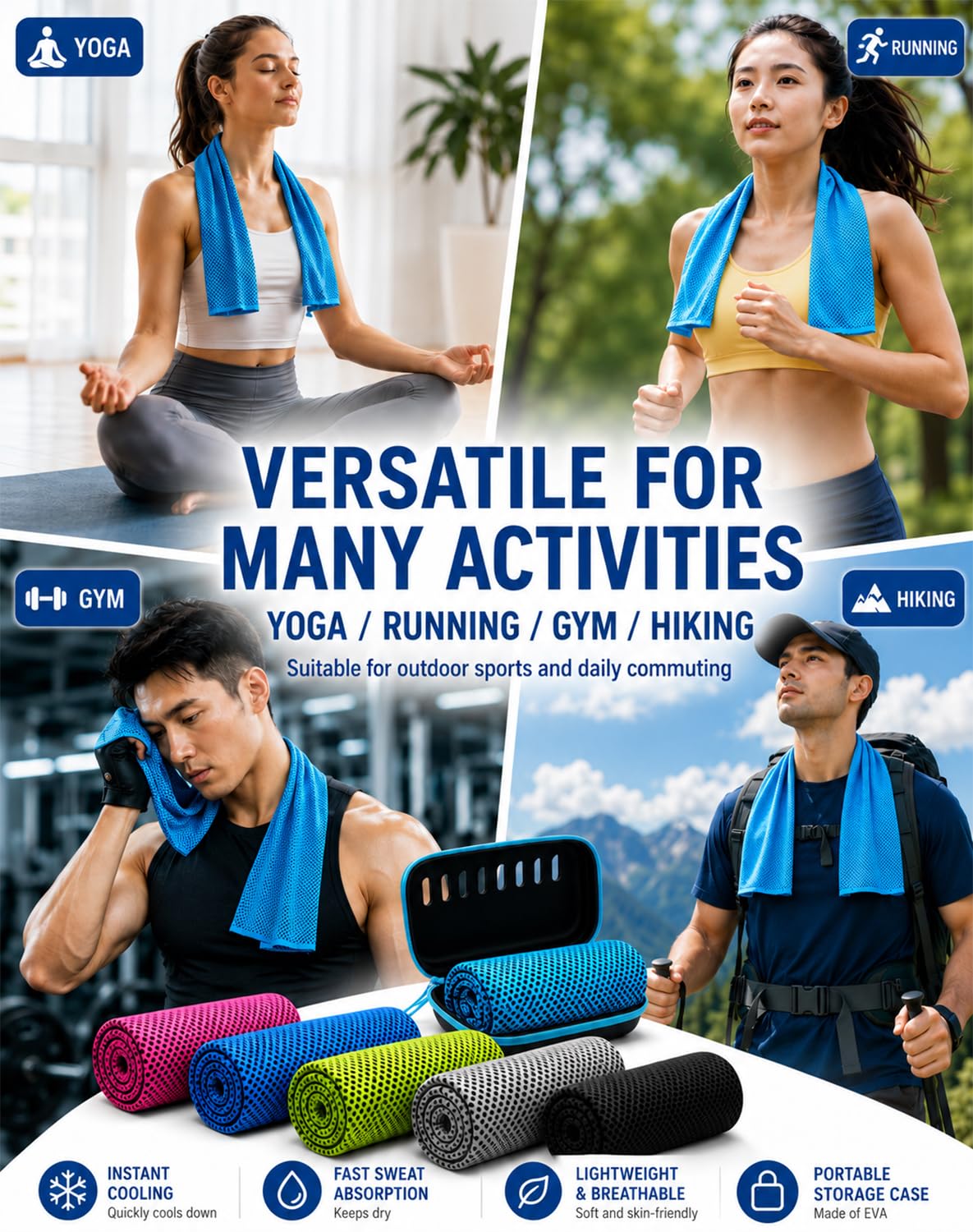 Asciugamano rinfrescante, in microfibra ad asciugatura rapida, per palestra, corsa, yoga, campeggio, 30 x 90 cm, confezione da 2 con custodia in EVA