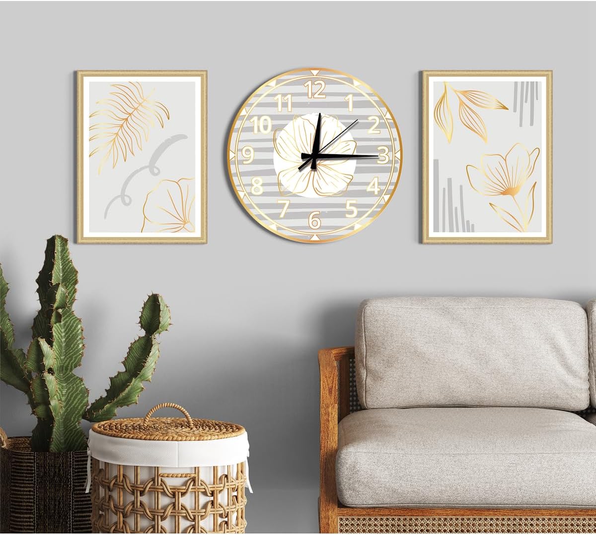 SODEF Quality Gray & Gold Striped Botanical 3-Piece Wall Decor Set (2 Art Panels + 1 Clock) Modern Style 40 x 40 cm - Gold, 16x16 inch