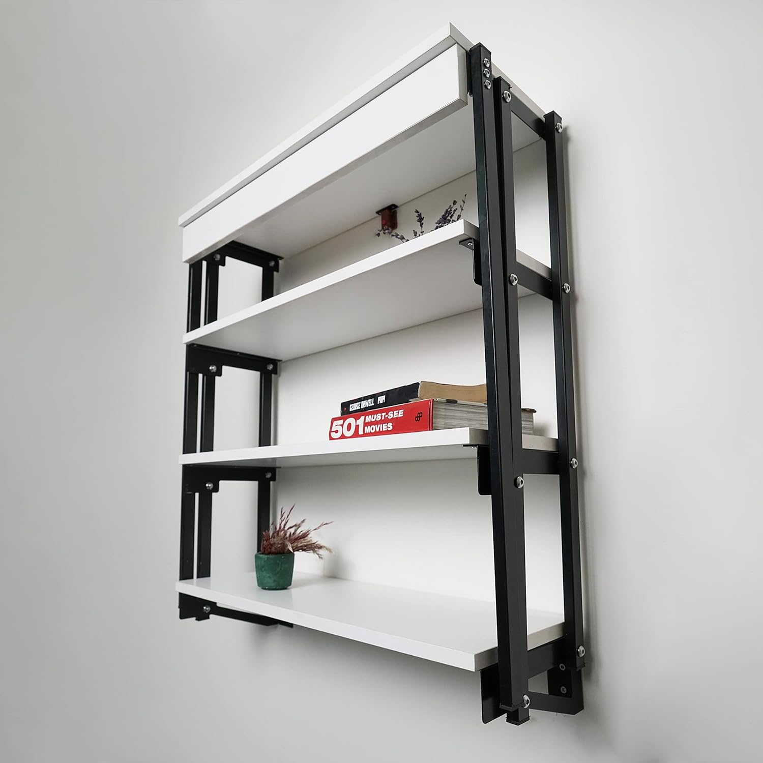White Folding Wall-Mounted Murphy Table with Shelf