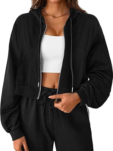 SOFIA'S CHOICE Cropped Zip Up Hoodie Women Long Sleeve Drawstring