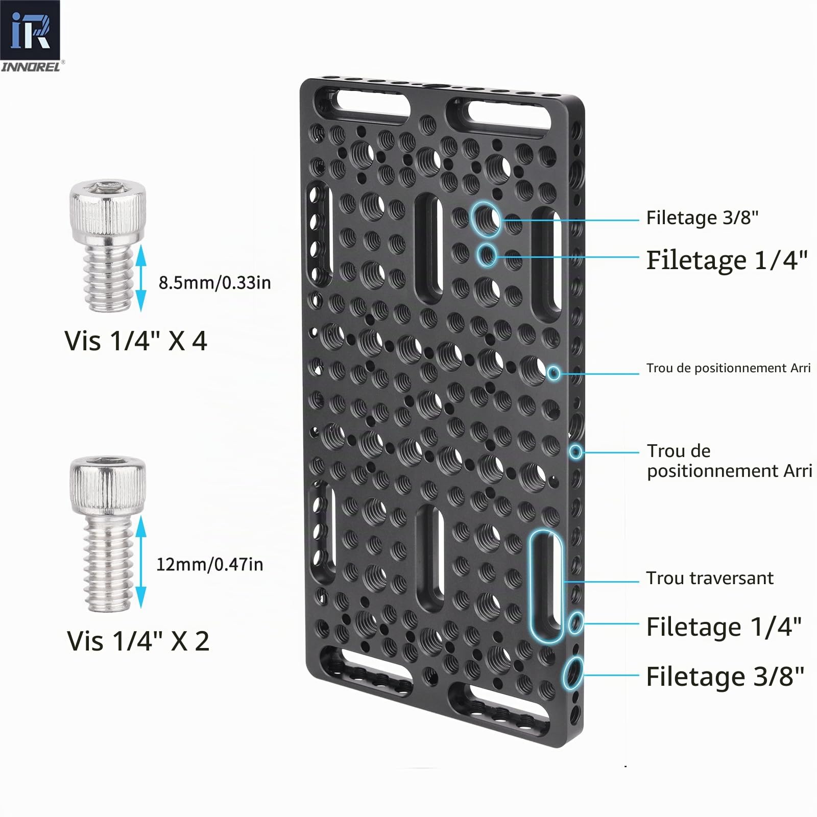 INNOREL CP10 Plateau à fromage multifonction avec filetage de 6,35 mm et 9,5 mm, plaque de montage avec trous de localisation ARRI intégrés pour appareil photo et trépied