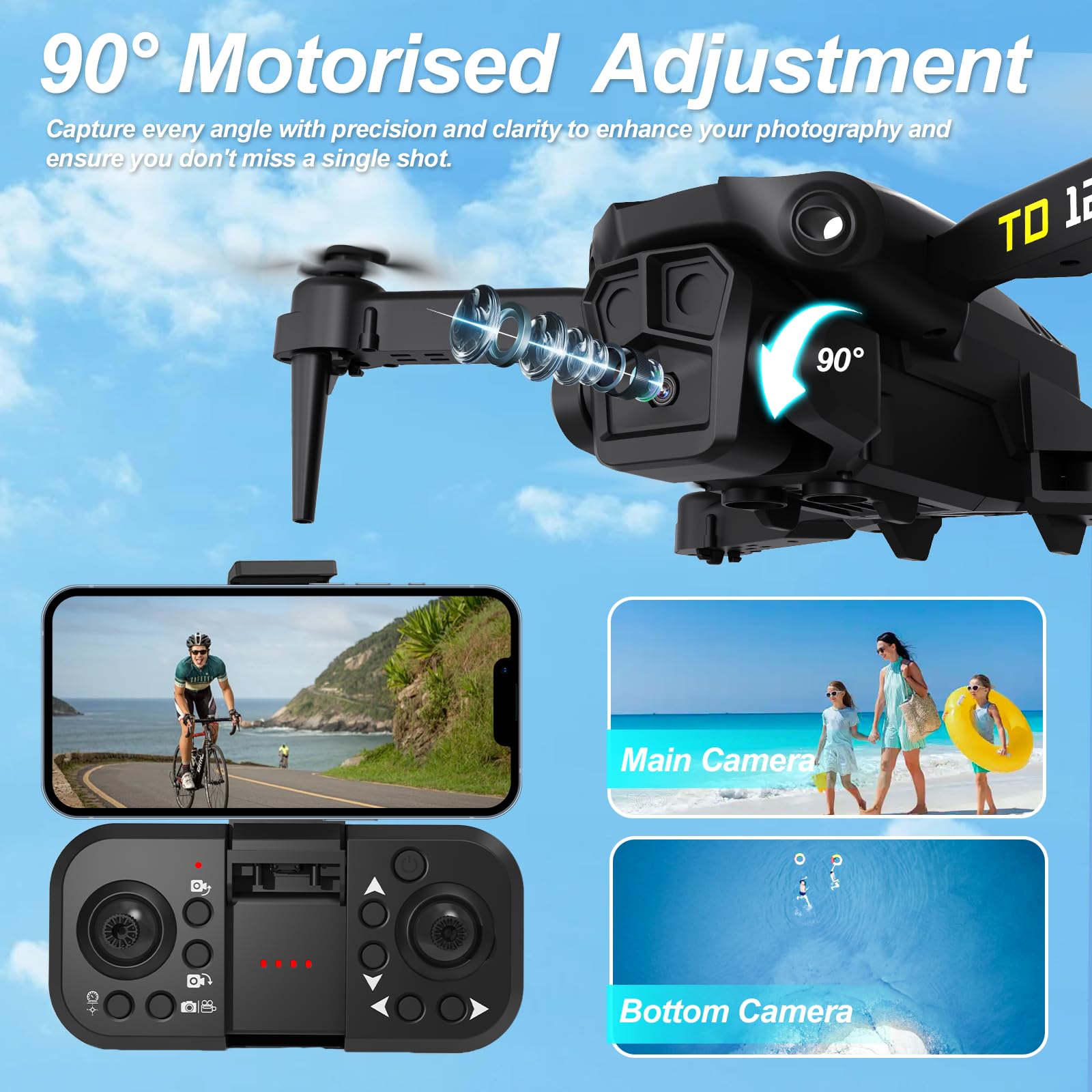 Toladrone Drone con Telecamera, Mini Drone con Telecamera per Principianti Droni con 2 Telecamere, Capovolgimento a 360°, Drone FPV Pieghevoli Quadcopter RC con 2 Batterie TD12 Drone