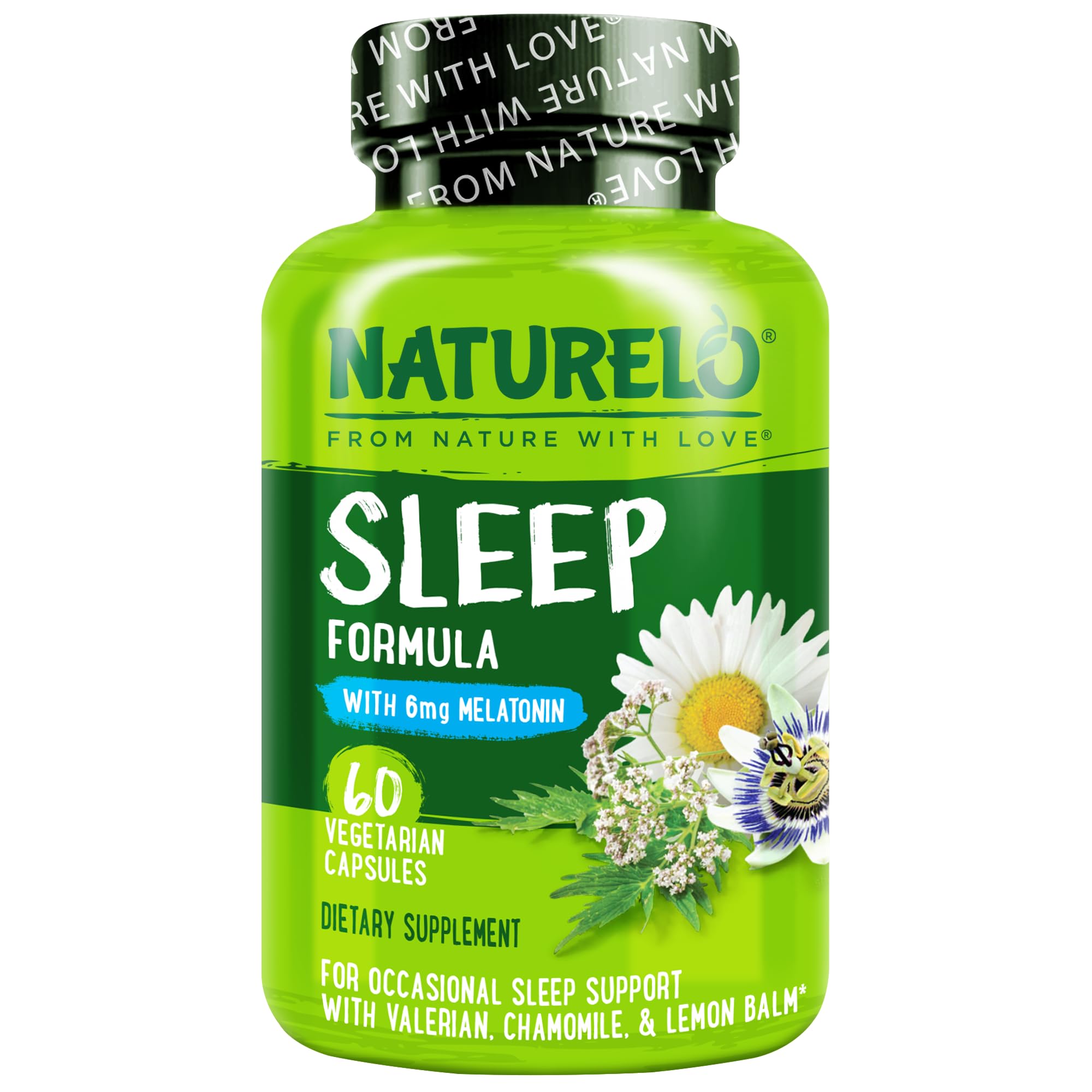 NATURELO Schlafhilfe - mit Melatonin, Magnesium, GABA, Valerian Root, Lemon Balm, Kamille Kräuterextrakte - Pflanzenbasierte Schlafhilfe - 60 Vegan Kapseln
