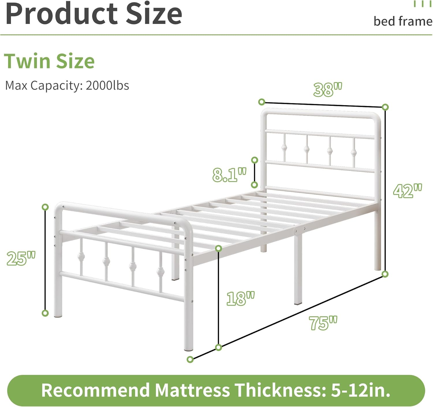 18 Inch Tall Twin Bed Frames with Headboard and Footboard, Heavy Duty Metal Platform Bed Frame Twin No Box Spring Needed, Easy Assembly, Under-Bed Storage, Noise Free, White