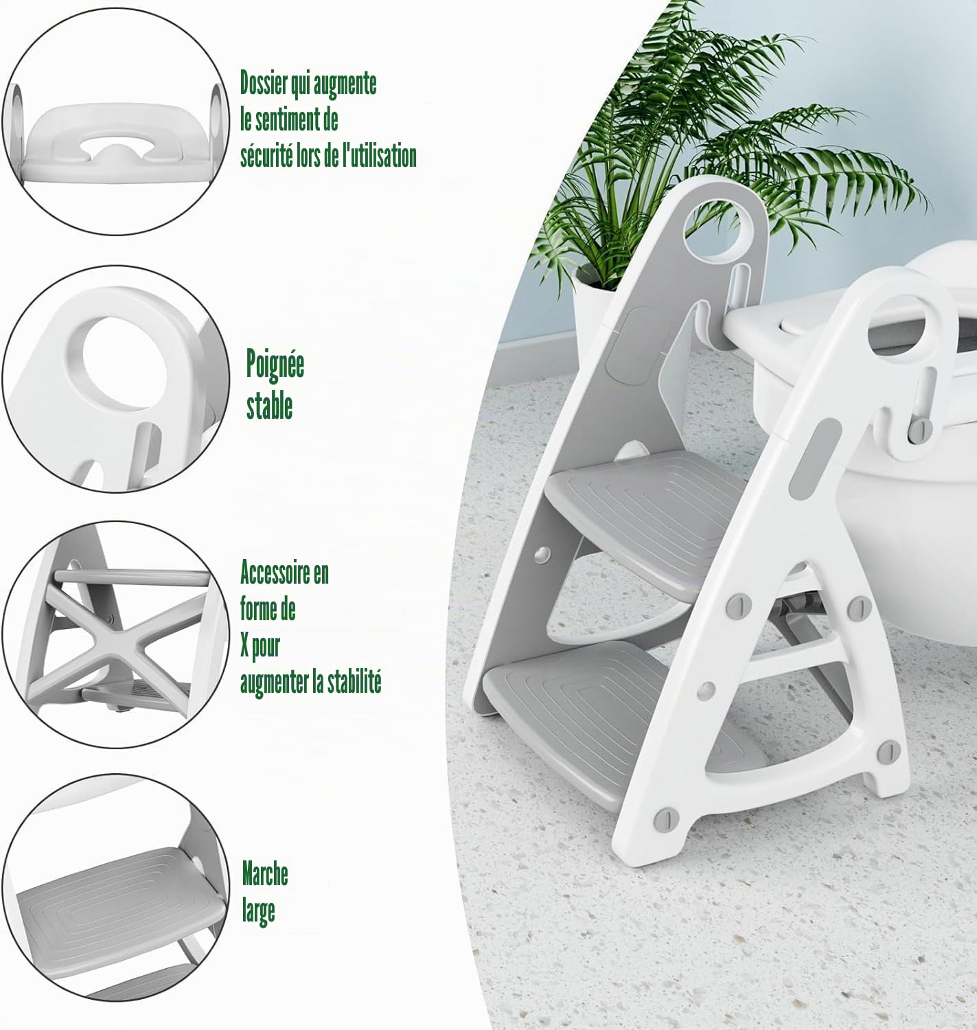 Siège de toilette pour bébé 2 en 1, avec escalier, structure triangulaire stable, marchepied pliable, avec pédale et hauteur d'assise réglables, grande pédale et poignées, doublure en polyuréthane,