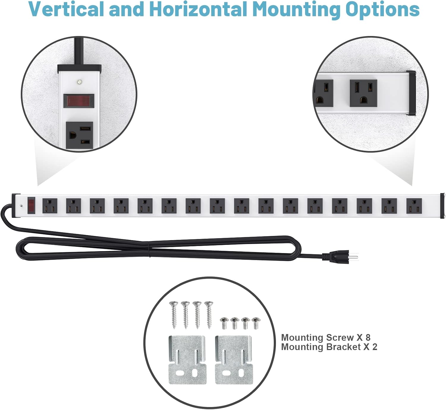 QBA 16 Outlet Power Strip, Heavy Duty Metal Power Strip with 10FT Extension Cord, Wall Mount Power Strip for Garage Workshop Warehouse Factory, ETL Certified, Silver