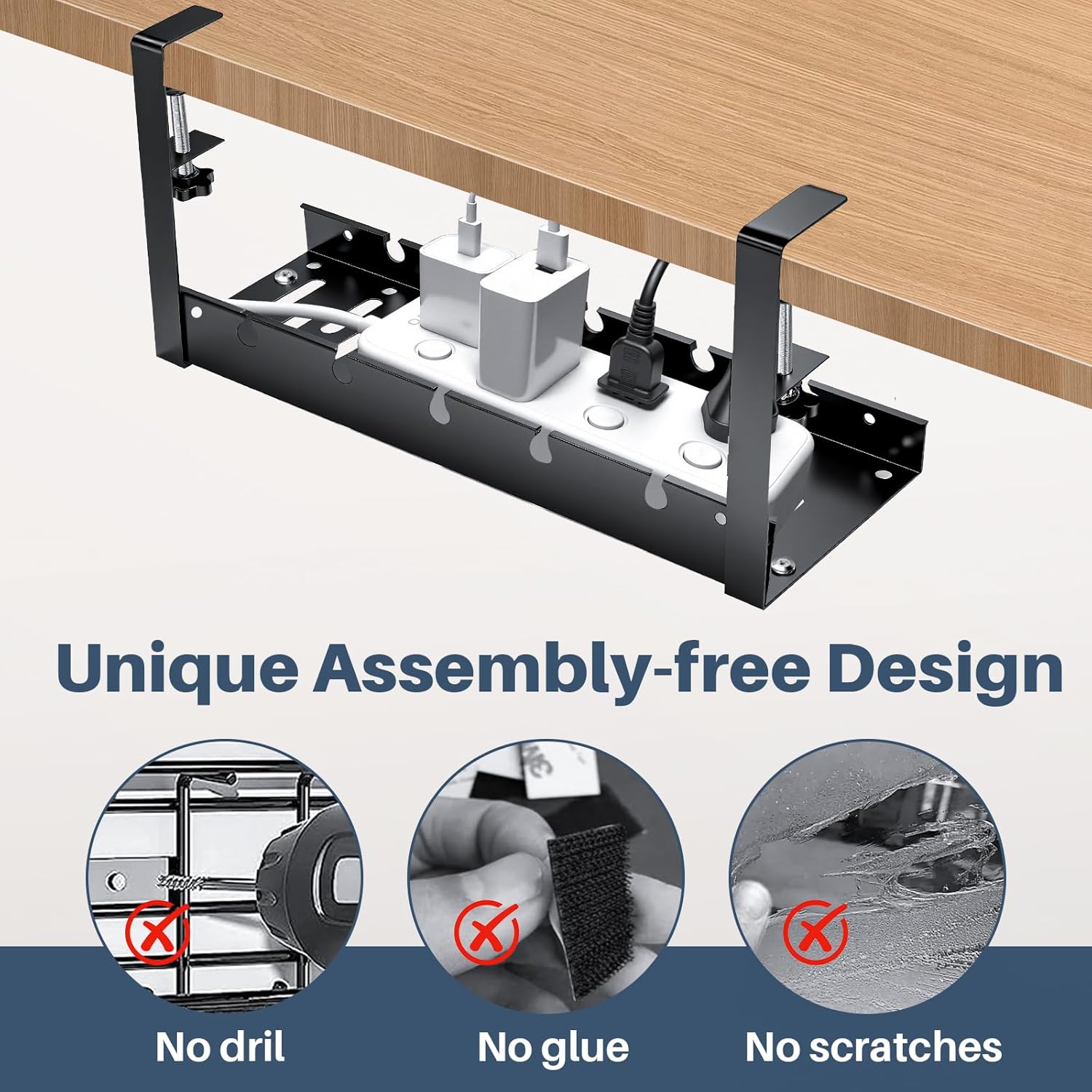 Under Desk Cable Management Tray, No Drill Clamp Mount, Metal Cord Organizer for Desk, Wire Management Rack for Home Office and Standing (Black)