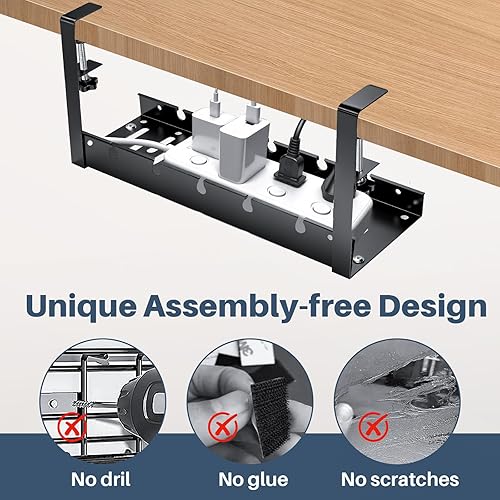 Miniatura 5 de Bandeja de organización de cables debajo del escritorio, soporte de abrazadera sin taladro, organizador de cables de metal para escritorio, estante