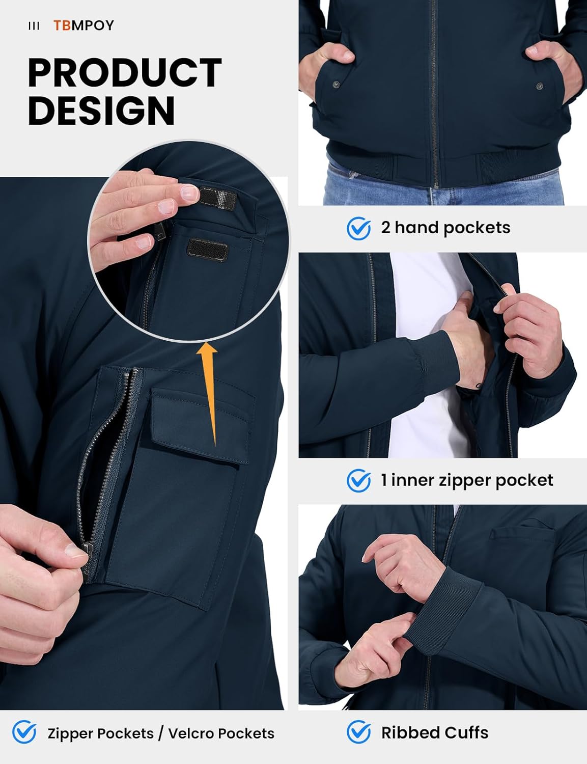 TBMPOY Men's Fall Jacket Winter Windbreaker Bomber Zip Up Padded Softshell Warm Windproof Casual Coat - Image 5