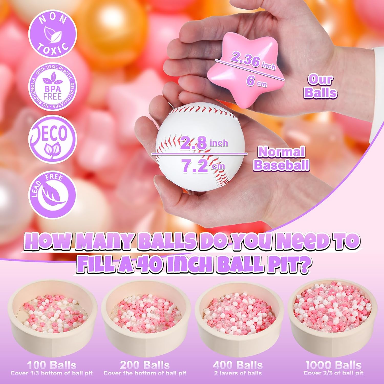 GOGOSO Ball Pit Balls for Toddlers Phthalate-Free BPA-Free Non-Toxic Crush Proof Soft Plastic Play Balls Baby Kids Shape Tent Pool Playhouse Playpen Party Decor,Creamy Pink Pearl Gold Clear,100PCS