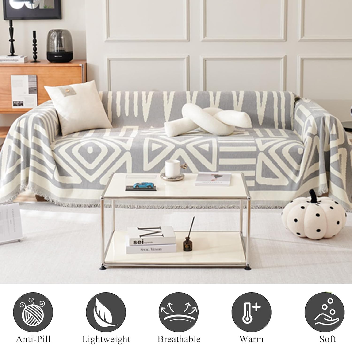 MERRYLIFE Chenille Boho Sofa Slipcover with Tassel Non-Slip Bohemian Soft Washable Loveseat Couch Cover Pet Furniture Protector (GreyBoho, 71"*104")