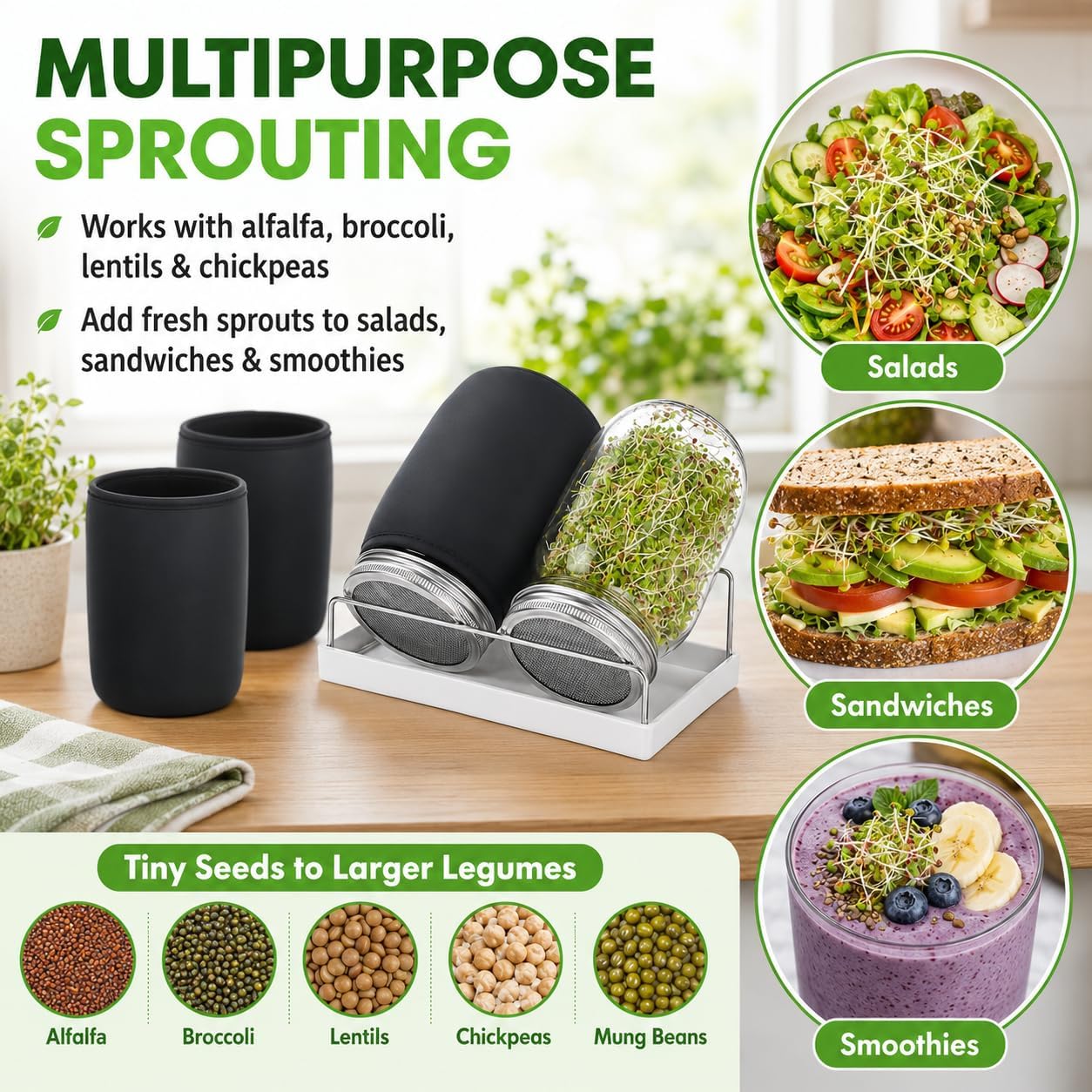 4 Pack Seed Sprouter Jars, 32 oz Wide Mouth Mason Jar Kit