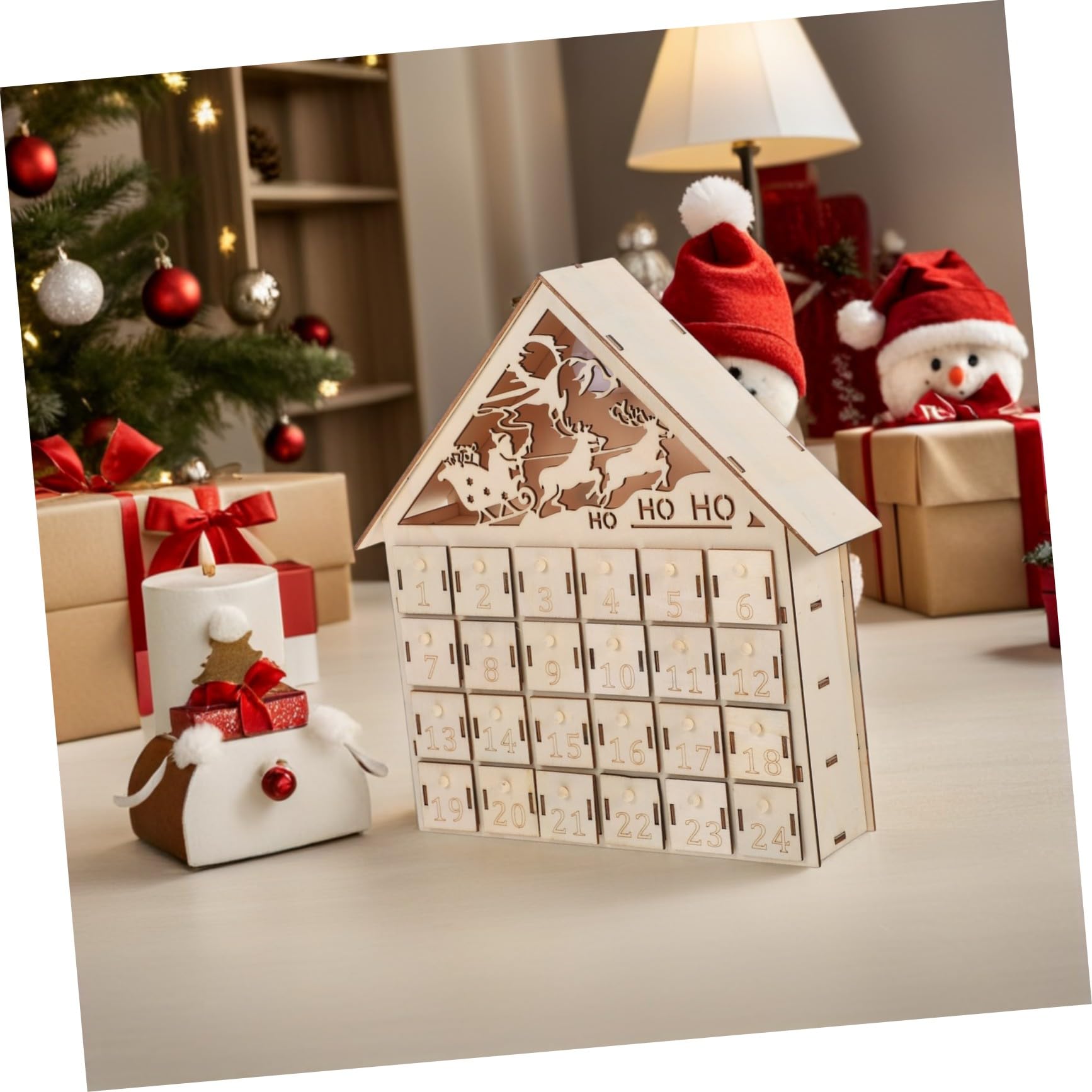Calendario de Adviento de Madera Días Iluminado con LED Casa Navideña Rústica Reutilizable para Decoración de Mesa Navidad Calendario de Regresiva Navideña para Familia