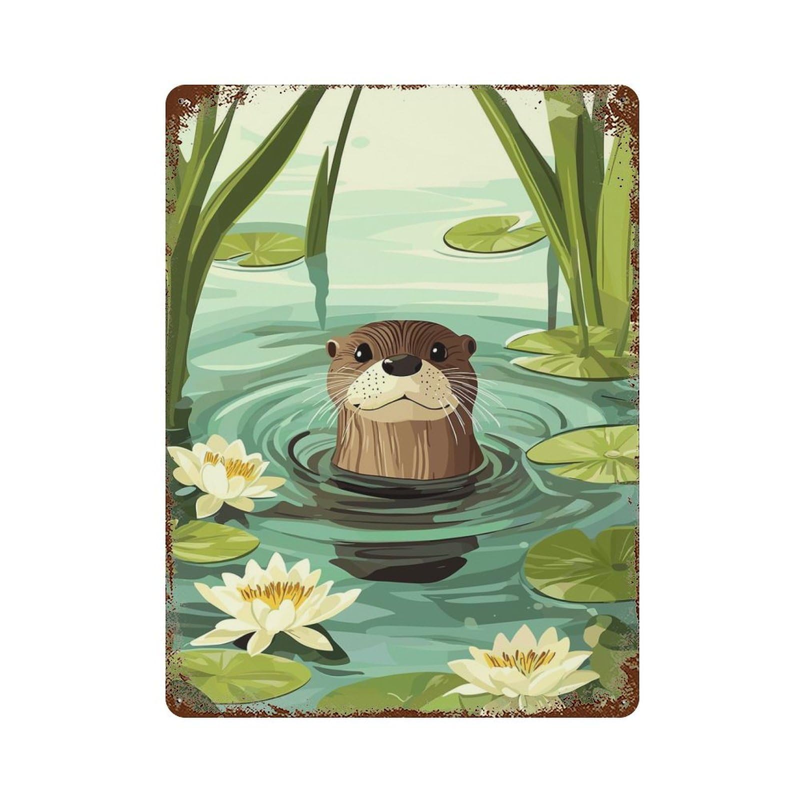 Cute Otter in Water Lily Pond Vintage Wall Sign 15.7"x11.8", Rust Effect Metal Decor for Farmhouse, Kitchen And Entryway Decor