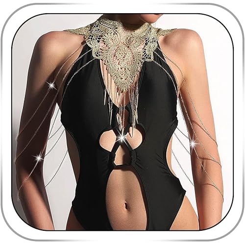 CanB Body Chain Necklace Flower Lace Body Chain Layered Tassel Body Crossover Harness Sexy Body Accessories for Women and Girls