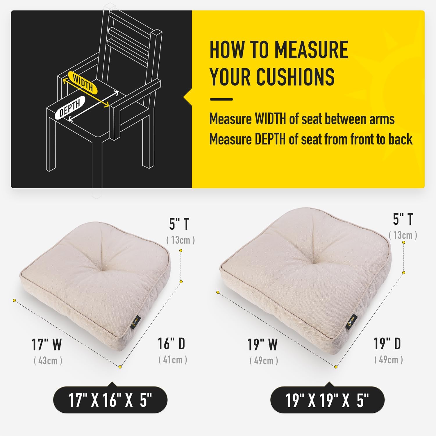 Diagram showing how to measure chair cushions, with dimensions for 17x16 inch and 19x19 inch sizes
