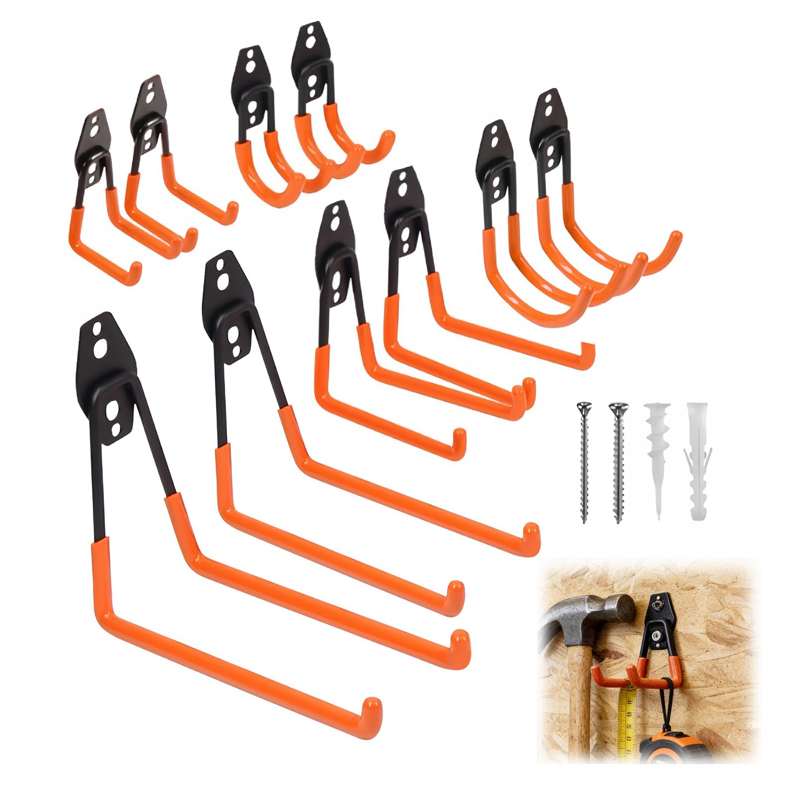 Garage Hooks, 10 Pack Heavy-Duty Anti-Slip Metal Wall-Mounted Bike Storage