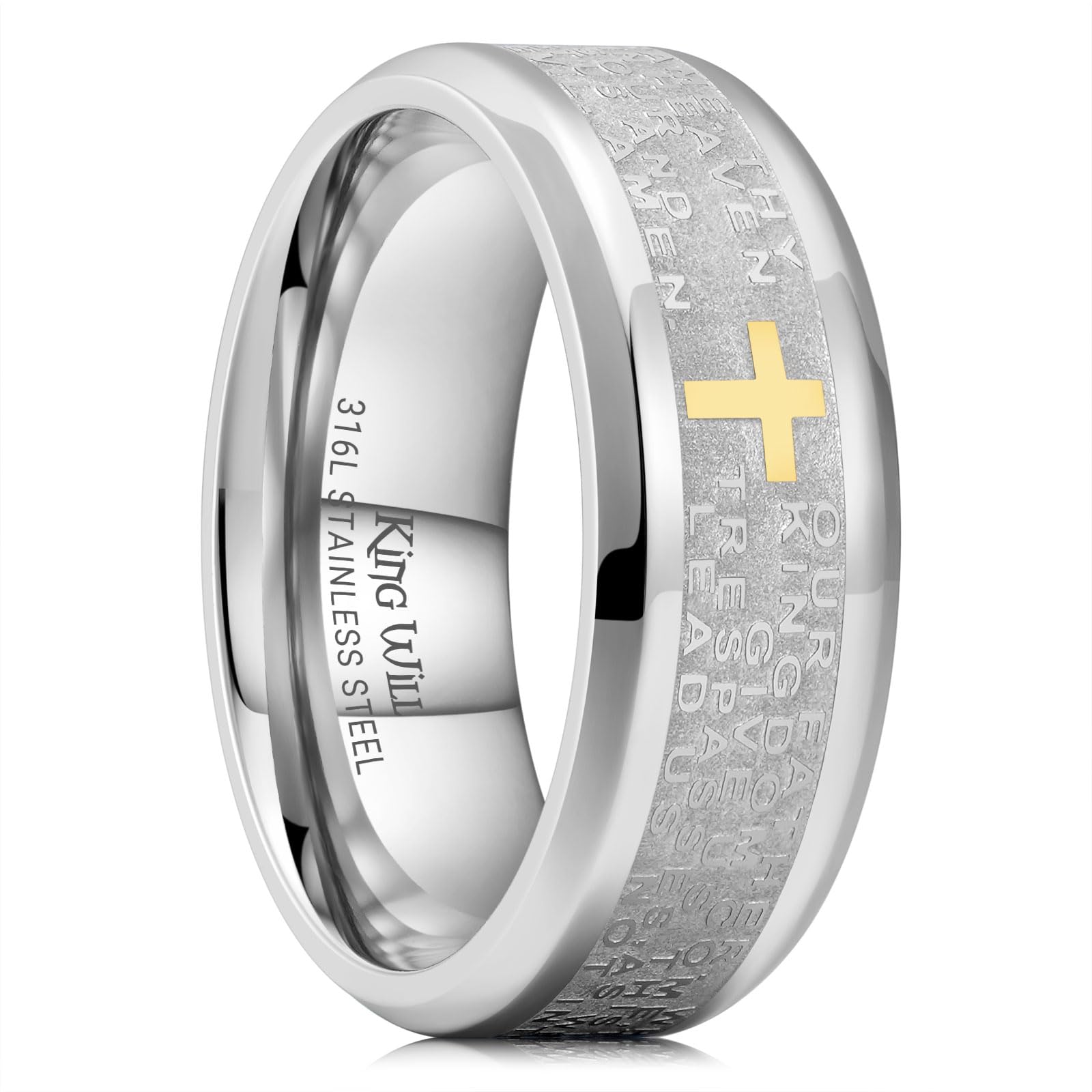King Will Stainless Steel Men Ring Lord's Prayer Cross Ring Stainless Steel Men Wedding Ring, Wedding Band Bible Engraved Rings High Polished, Comfort Fit
