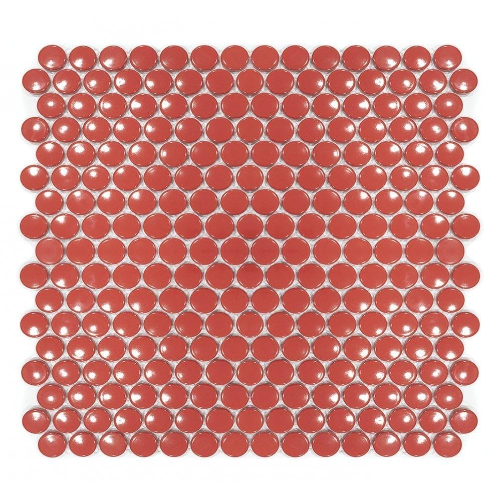 Penny Round Mosaic Tile – Porcelain Wall & Floor Tiles, Gloss & Matte Finish, White & Black Bathroom Kitchen Backsplash Shower Floor Tile Sheets (Red)