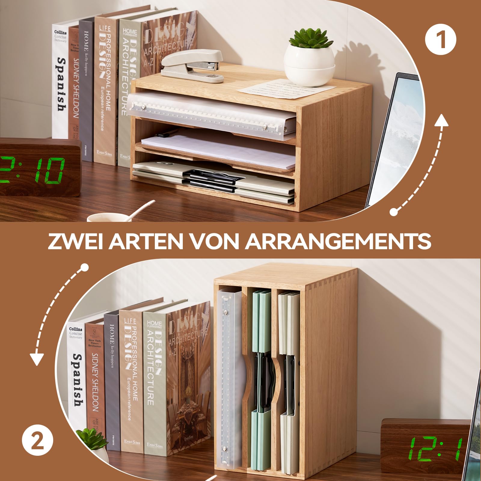KIRIGEN Schreibtisch-Organizer aus Paulownia-Holz, Dokumentenablage mit 3 Fächern, 35 x 24 x 18 cm, Briefablage und Papierablage für Büro, Homeoffice und Arbeitszimmer, Natur