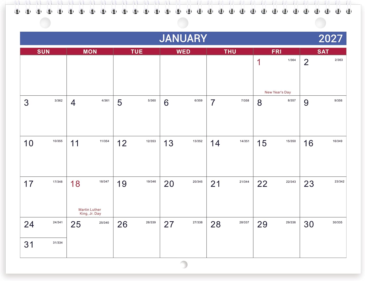 2027 Calendar - 2027 Wall Calendar, JAN. 2027 - DEC. 2027 | 8.5" x 11", Lined Memoranda Pages, Thick Paper, Twin-Wire Binding, Holidays, Minimalist Style for Home Office