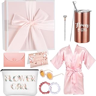 Sieral 10 Pcs Flower Girl Proposal Box Gifts Will You Be My Flower Girl Proposal Box Set 14oz Tumbler Canvas Bag Scrunchies Robe Sunglasses Diamond Pen Card Envelope for Wedding Party(Size 10)