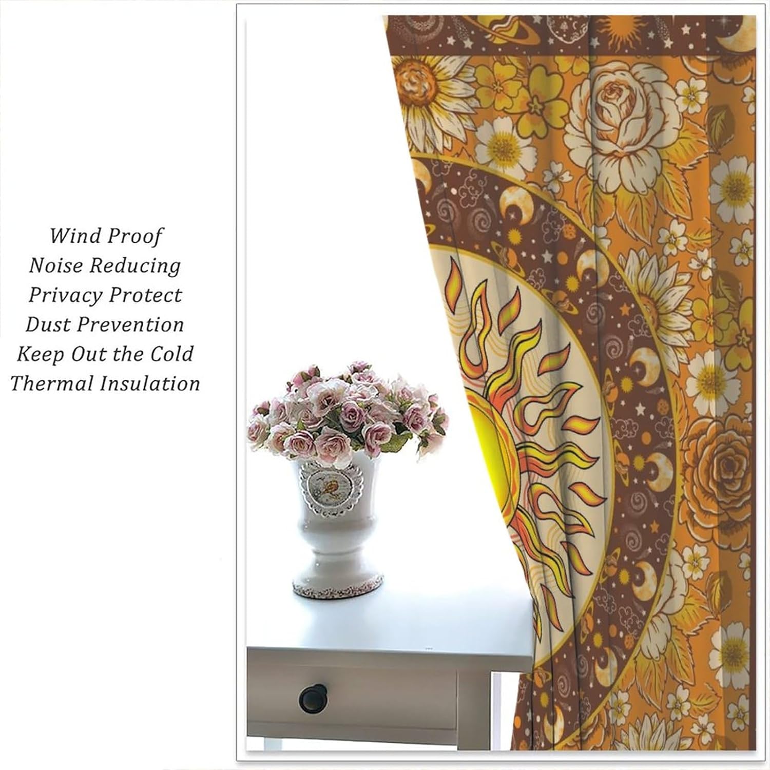 Vintage Sun&Moon Blackout Curtains for Bedroom, Indian Boho Outer Space Planet Fall Flowers Bohemian Hippie Decor Rod Pocket Thermal Insulated Darkening Curtains Window Drapes 2 Panels 45" L x 21" W