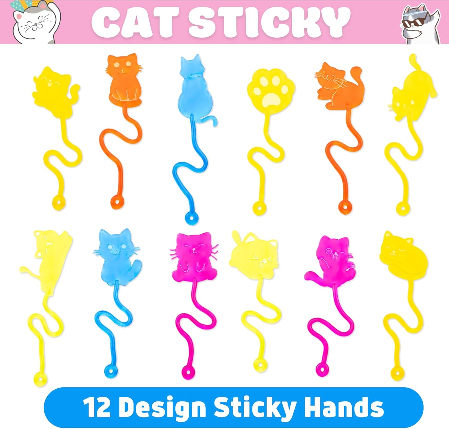 36PCS Cat Party Favors - 24PCS Temporary Tattoos 12PCS Stick Hands Perfect Birthday Supplies for Kids Stretchy Fidget Goodie Bag Stuffers Treasure Box Toys Classroom Prizes Student Gifts