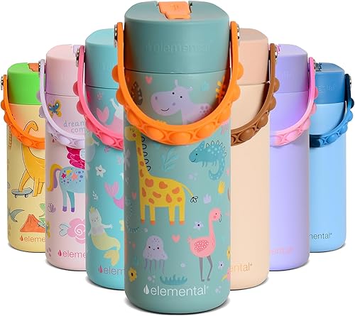Miniatura 24 de Elemental Botella de agua aislada para niños, botella de agua de acero inoxidable con tapa de popote y asa Pop-it, botellas de agua a prueba de