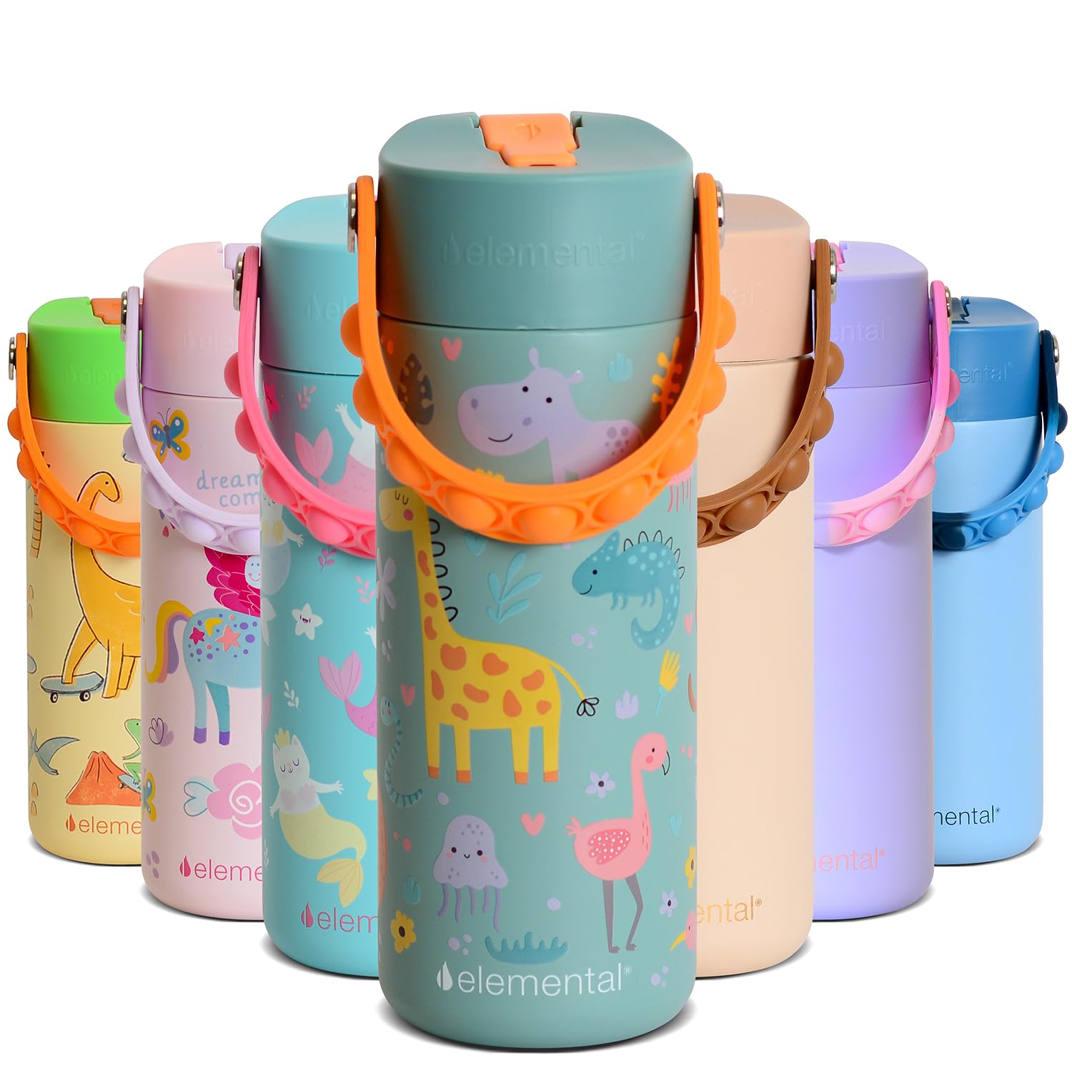 Elemental Isolierte Kinder Wasserflasche - Edelstahl Wasserflasche mit Strohhalm Deckel und Pop-it-Griff, auslaufsichere Wasserflaschen für Schule, Reisen und Sport - 530 ml - Safari