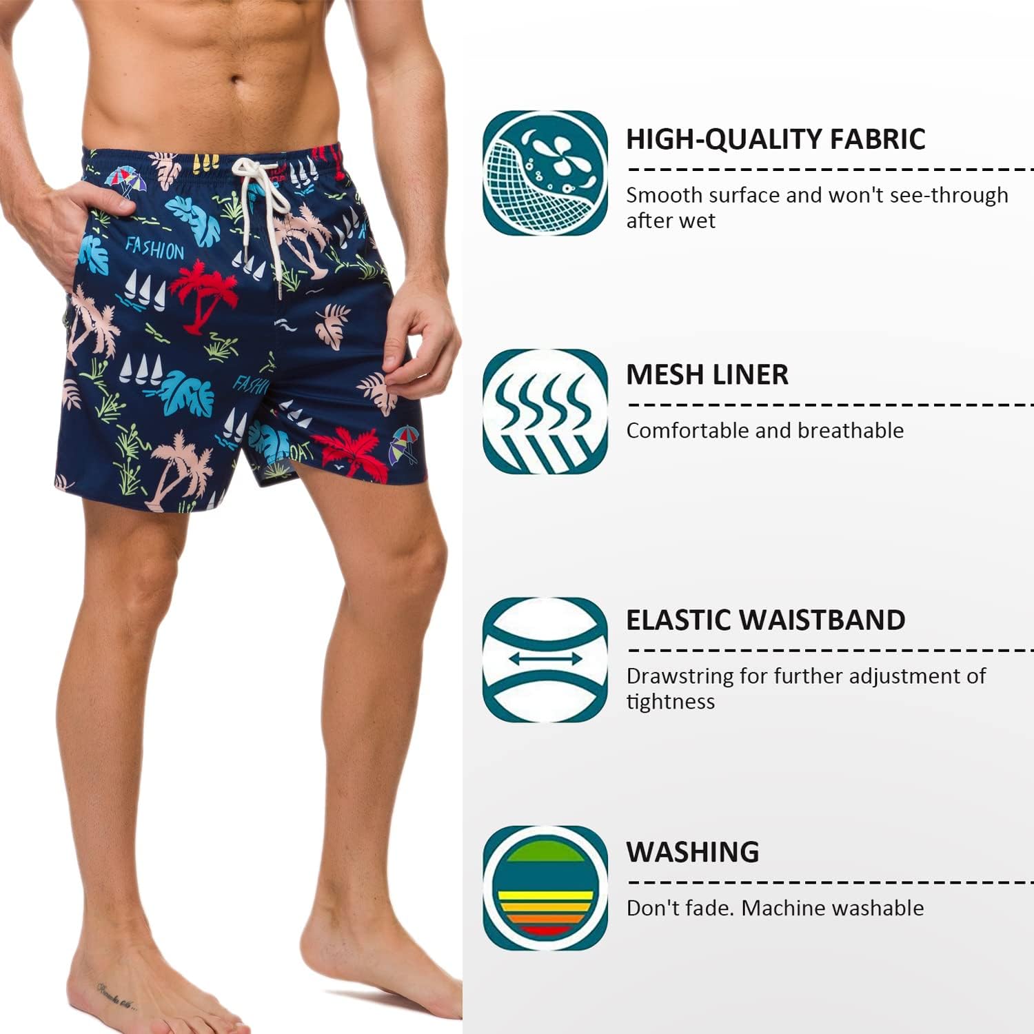 Janmid Men's Swim Trunks Quick Dry Beach Shorts with Pockets and Mesh Lining