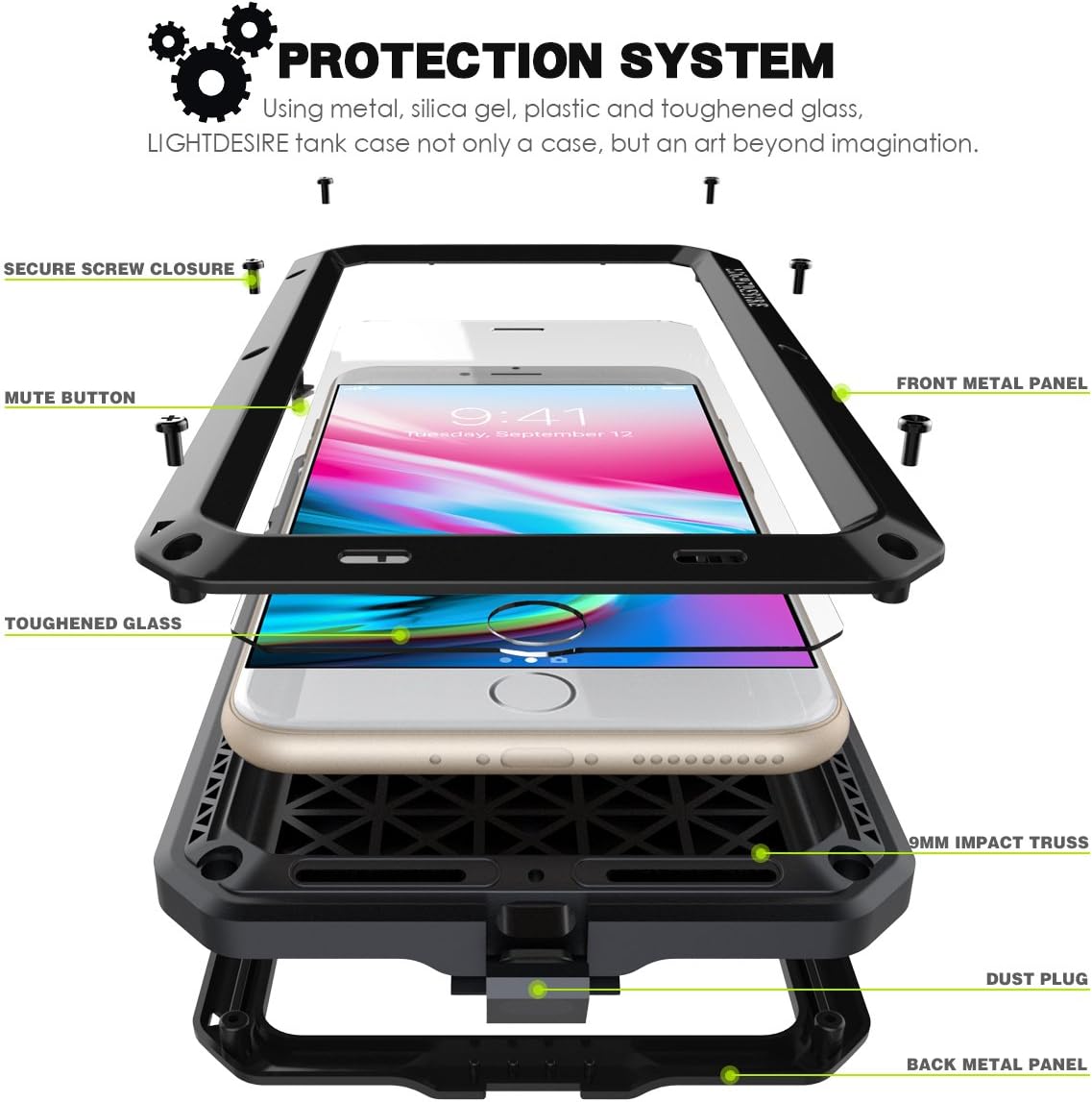 iPhone 7/8 Plus Case,LIGHTDESIRE [Newest] Aluminum Alloy Protective Metal Extreme Water Resistant Shockproof Military Bumper Heavy Duty Cover Shell Case [Black] (For iPhone 7/8 Plus)