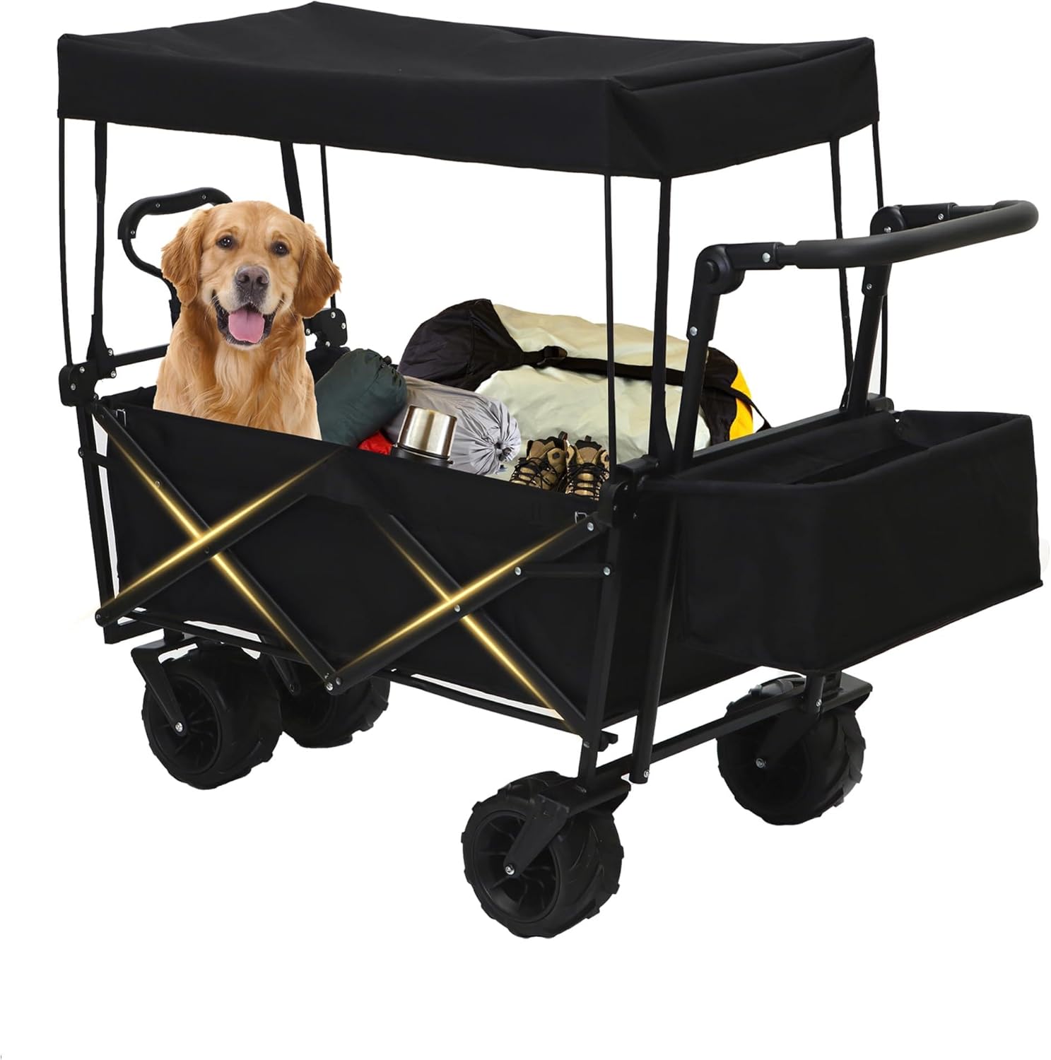 Collapsible Wagon Cart with Canopy, Heavy Duty Folding Tools Utility Cart with Wheels for Outdoor Camping, Black