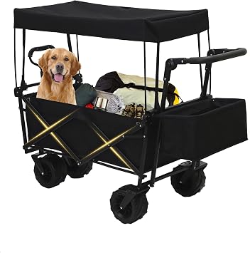 200L Collapsible Wagon Cart with Canopy, Heavy Duty Folding Tools Utility Cart with Wheels for Outdoor Camping, Black